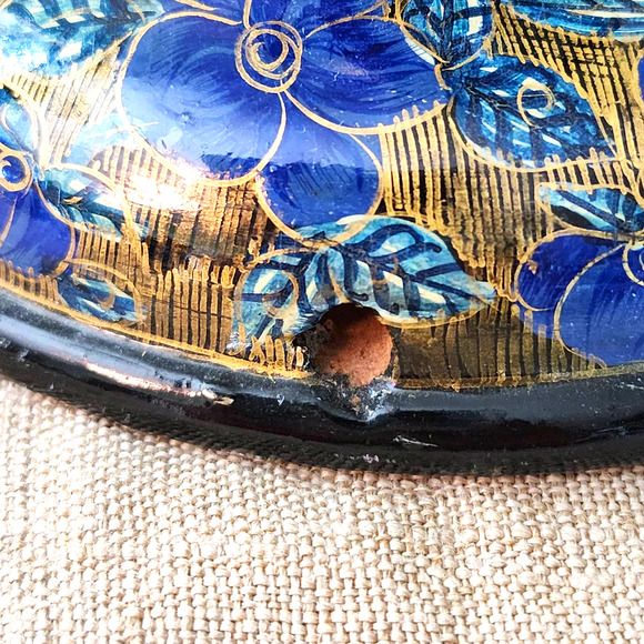 Hand Painted Blue & Gold Floral with White Bird Wooden Candlestick Holder 7.75" - Picture 9 of 10